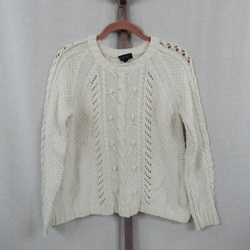 Topshop US 8 White Chunky Textured Cable Knit Crop Long Sleeve Sweater Cotto n